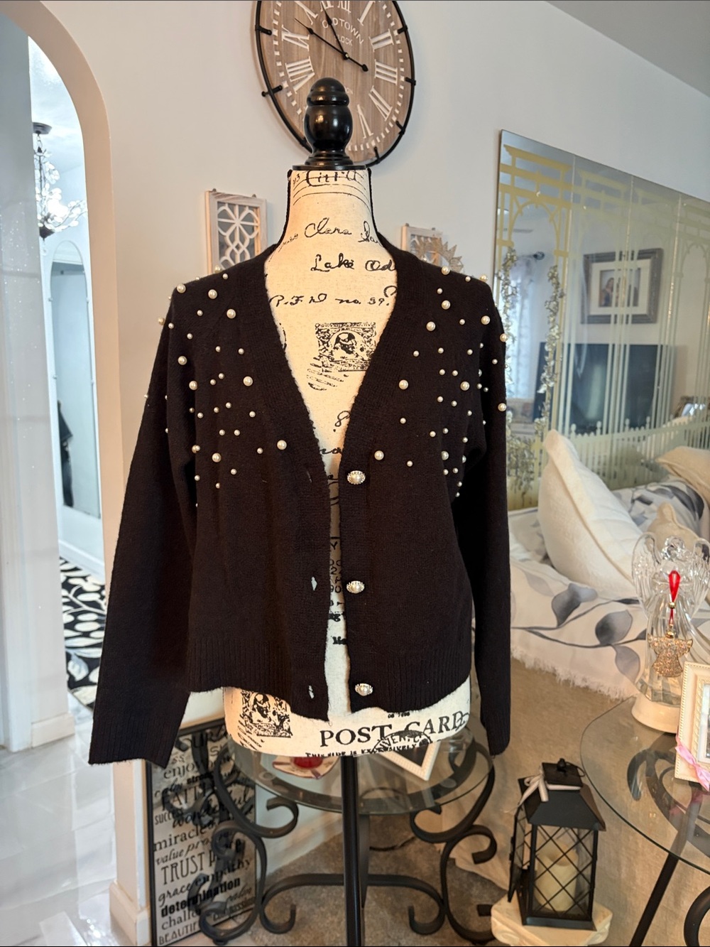 New York & Company Black Pearl-Embellished Cardigan